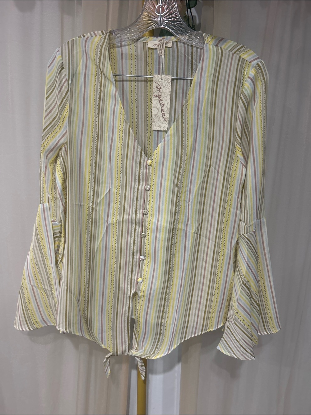 Mystree Striped Tie-Front Bell Sleeve Blouse NWT Size Medium